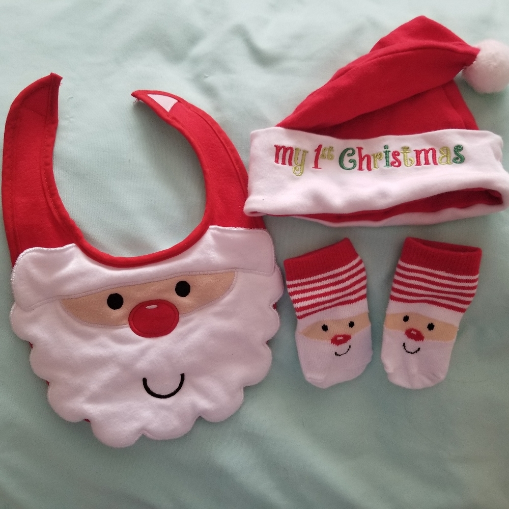 Christmas baby bib, hat, and socks.
